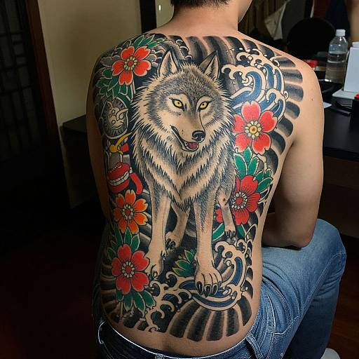 Photograph of a man's back showcasing a detailed, colorful wolf tattoo with red flowers and black wave patterns, sitting in a dimly lit room.