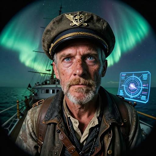 Photograph of a rugged, older man with a white beard, wearing a weathered naval hat and jacket, against a backdrop of vivid green aurora