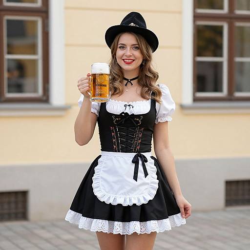 Photograph of a smiling woman in a black and white Bavarian maid outfit, holding a frothy beer mug, standing in front of a beige building