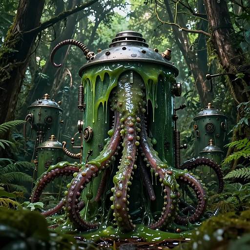 Photorealistic digital art of a forest scene with metallic, slime-covered octopus-like machines, featuring tentacles and green ooze, surrounded by dense