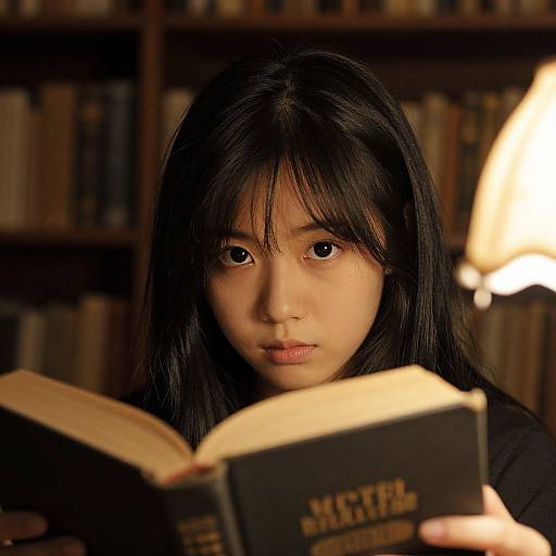 Photograph of an Asian woman with black hair and bangs, intently reading a 