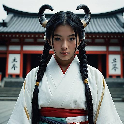 Asian woman in Haku-inspired kimono with horns