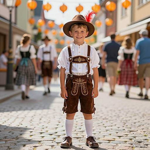 Young Boy in Traditional Bavarian Outfit on Cobblestone Street