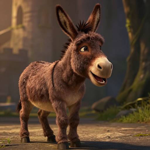 CGI cartoon donkey with brown fur, white snout, and expressive eyes, smiling in a sunlit, medieval forest clearing with a stone castle