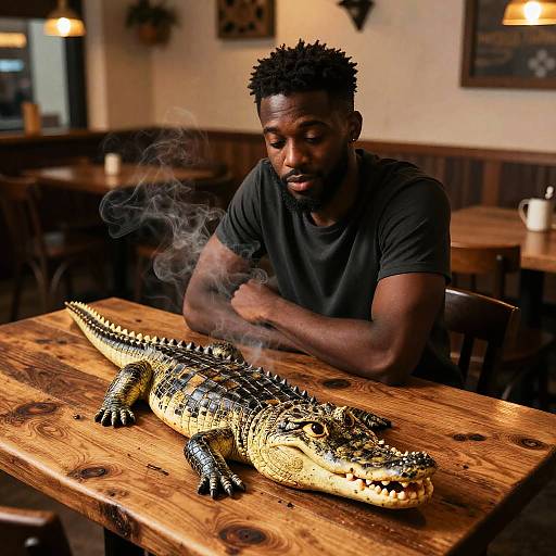 Photograph of a black man with short, curly hair smoking over a detailed, lifelike alligator figurine on a wooden table in a cozy