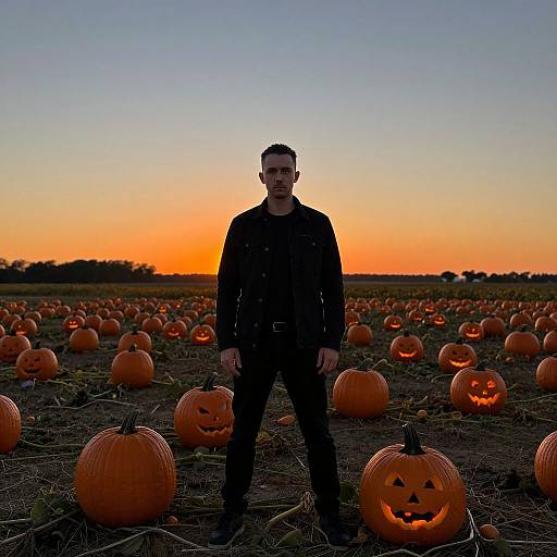 Man in Spooky Pumpkin Field Sunset