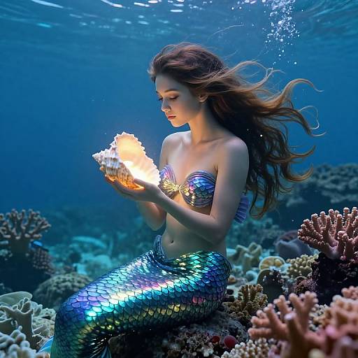 Photorealistic CGI of a shimmering mermaid with long brown hair, holding a glowing seashell, surrounded by colorful coral reefs underwater.