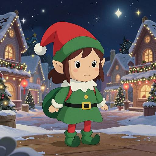 Cartoon elf in green outfit, red hat, and black belt, carrying sack, stands in snowy, starry, Christmas-lit village at night