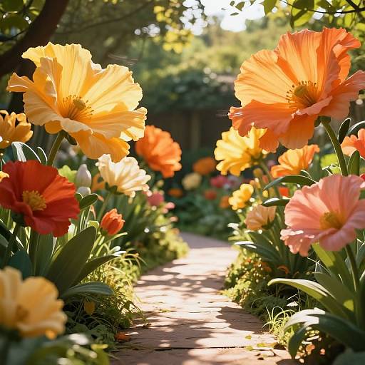 Sunlit garden path lined with vibrant orange and yellow flowers, with red and pink blooms, casting warm shadows on brick ground.
