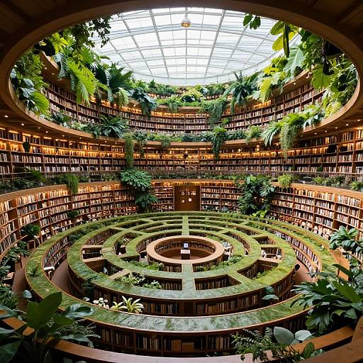 Photograph of a circular, multi-story library with lush green plants, bookshelves, and a central, intricate green maze-like floor design under a