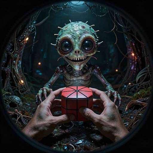 Digital art: Alien creature with large eyes, green and purple skin, sharp teeth, holding a red Rubik's Cube, hands in foreground, dark