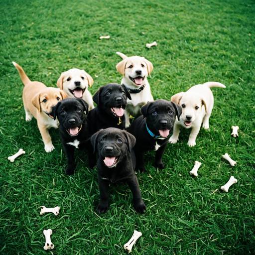 Group of Playful Puppies with Chewing Bones Group of Playful Puppies with Chewing Bones