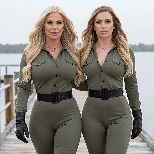 Blonde Women in Olive Green Jumpsuits