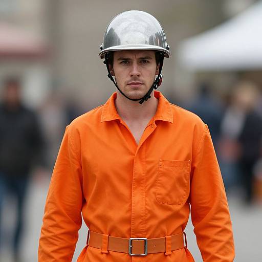 Photograph of a serious-looking man in an orange prison jumpsuit and metal helmet, standing in a blurred urban street.