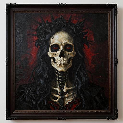 Gothic-style digital painting of a skeletal figure with long black hair, red eyes, and a crown of black spikes, framed in ornate dark