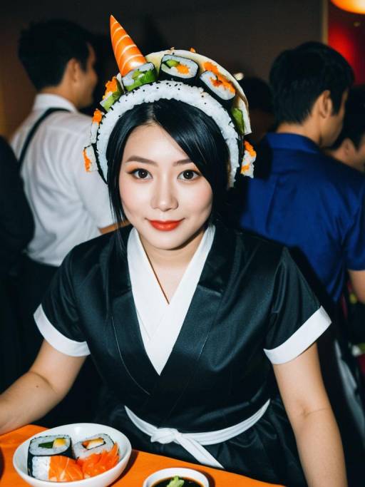 Woman Wearing Sushi Roll Headpiece at Party