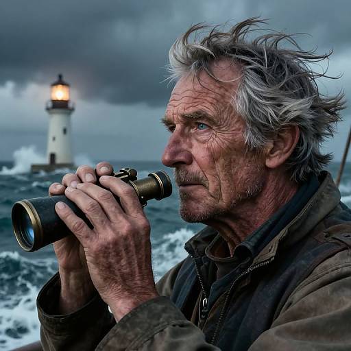 Photograph of an elderly man with weathered skin and gray hair, using binoculars, standing by a stormy sea with a lit lighthouse