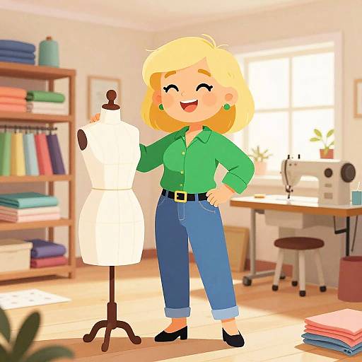 Cartoon Blonde Woman in Sewing Room