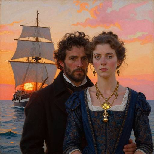 Photorealistic painting of a 19th-century couple in front of a sunset-lit ship, with the man in a dark coat and the woman