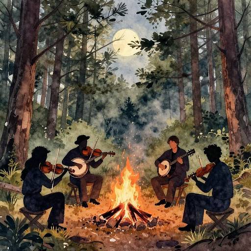 Four musicians playing violins around a campfire in a moonlit forest, illustrated in a watercolor style. Smoke rises, trees frame the scene.