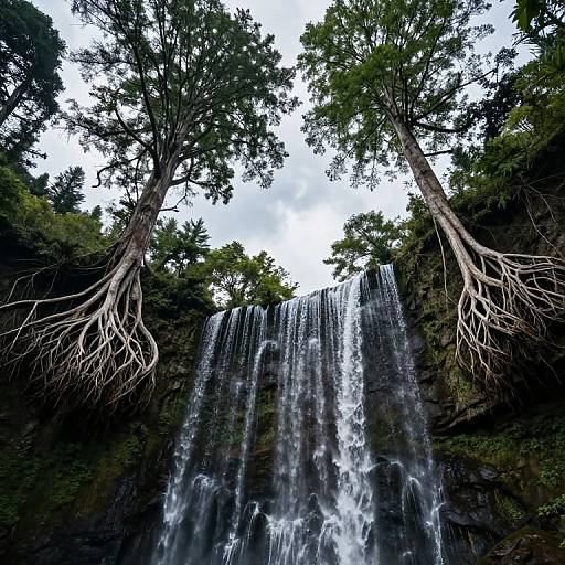 Photograph of a lush forest waterfall, viewed from below, with tall trees and exposed roots framing the cascading water.