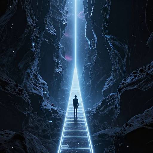 Digital artwork of a lone figure standing on a glowing, neon-lit path through a dark, rocky canyon with a bright, celestial light at the end