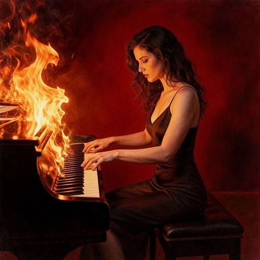 Photograph of a dark-haired woman in a black dress, playing a piano with flames rising from the keys, against a red background.