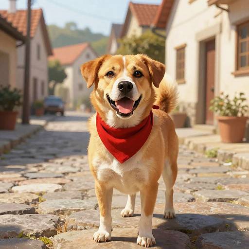 Photograph of a happy, medium-sized, tan and white dog with a red bandana, standing on a sunny, cobblestone street in a