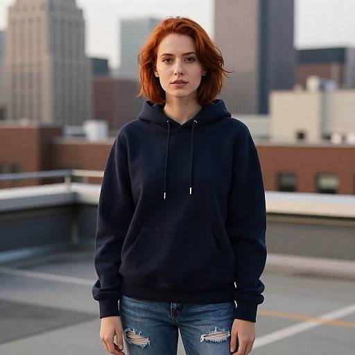 Urban Rooftop Scene with Red-Haired Woman