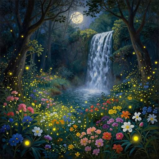 Moonlit forest scene with a cascading waterfall, vibrant flowers, glowing fireflies, and a bright full moon overhead, creating a magical, enchanted atmosphere