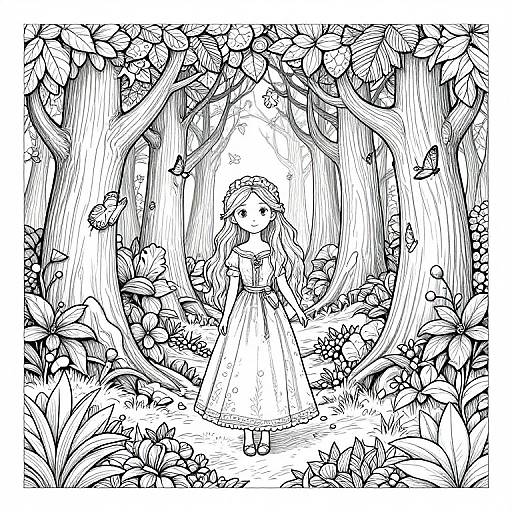 Black-and-white ink drawing of a young girl with long hair in a flowing dress, standing in a dense, enchanted forest with tall trees and lush foliage