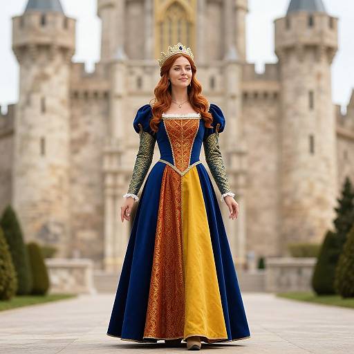 Photograph of a red-haired woman in a blue, yellow, and orange Renaissance-style gown with gold crown, standing before a medieval stone castle.