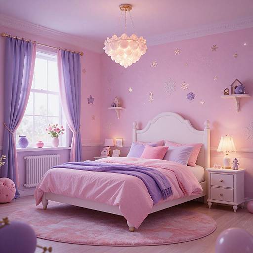 Photograph of a pastel pink bedroom with a white bed, pink and purple bedding, blue curtains, star decals, chandelier, and pink night
