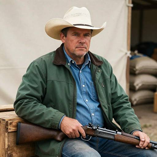 Serious Cowboy with Rifle in Rustic Setting