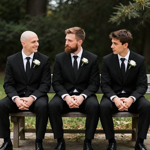 Three Men in Suits on Wooden Bench