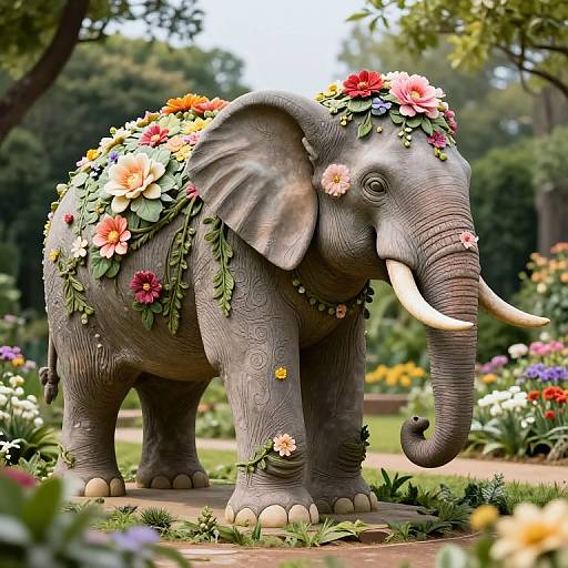 Photorealistic digital art of a gray elephant adorned with colorful flower and leaf wreaths, standing in a lush, vibrant garden.