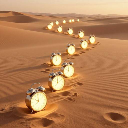 Photograph of nine glowing, old-fashioned alarm clocks in a single-file line, casting warm light on rippled, orange sand dunes under a clear