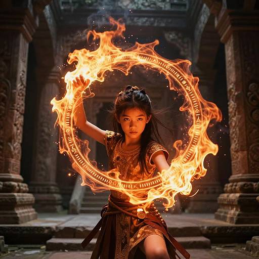 Photograph of an Asian woman with black hair, wearing traditional attire, conjuring a circular fire ring in an ancient, dimly lit stone temple.