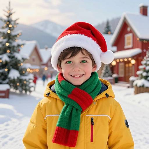 Joyful Boy in Festive Winter Village
