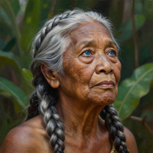 Photograph of an elderly Native American woman with silver braided hair, deep blue eyes, and weathered brown skin, set against a lush green leaf