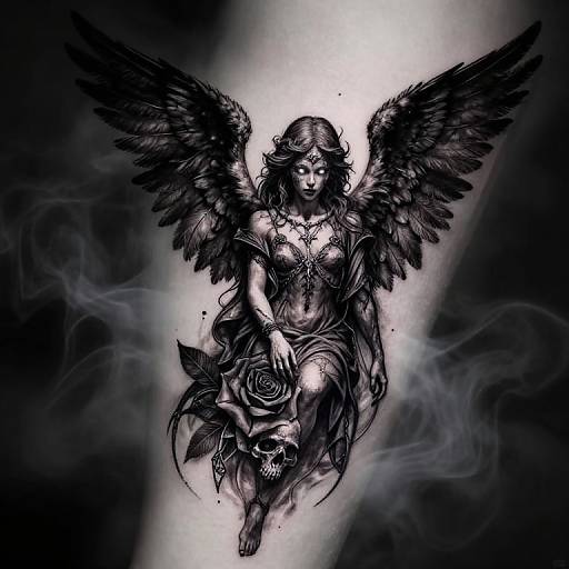 Black-and-white digital drawing of a melancholic angel with large, detailed wings, holding a rose and skull, surrounded by smoke.