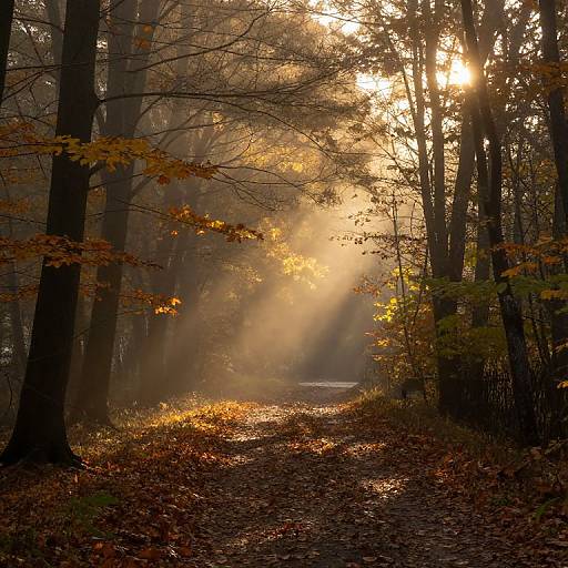Sunlit autumn forest path with golden rays, fallen leaves, and tall trees casting shadows, creating a serene, misty morning atmosphere.