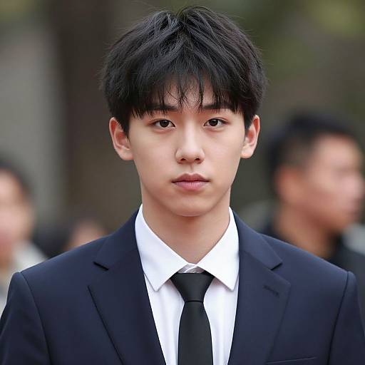 Photograph of an East Asian young man with straight black hair, wearing a black suit, white shirt, and black tie, standing outdoors with a blurred