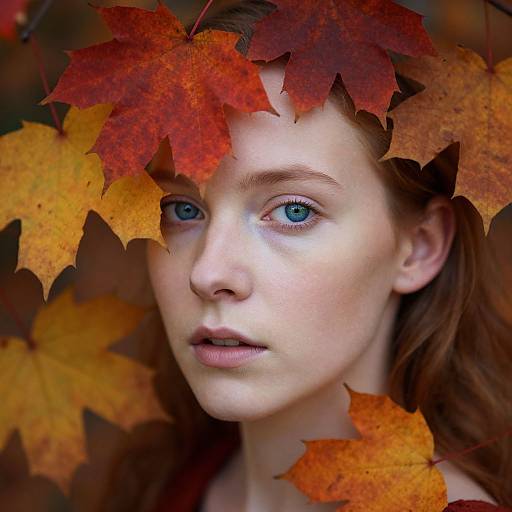 Photograph of a fair-skinned woman with blue eyes, surrounded by vibrant autumn leaves, creating a natural, leafy frame around her face.