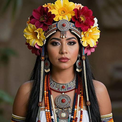 Photograph of a beautiful South Asian woman with dark hair, wearing an ornate flower headpiece, elaborate jewelry, and colorful bead necklaces, set