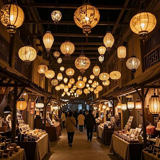 Photograph of a warmly lit, narrow, indoor market with hanging paper lanterns, wooden stalls, and shoppers browsing goods in the dimly lit aisle