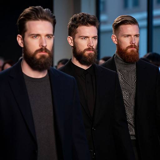 Photograph of three bearded Caucasian men with dark hair, wearing black suits and dark shirts, standing in a dimly lit indoor setting.