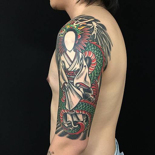 Photograph of a shirtless Asian man with a vibrant, detailed dragon tattoo covering his upper right arm, set against a black background.