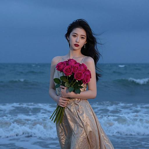 Asian woman with long black hair, red roses, and gold dress stands on a blue-tinted beach, waves crashing behind her.