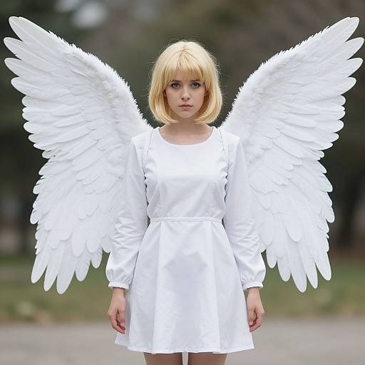 Photograph of a blonde woman with white feathered wings, wearing a white dress, standing outdoors with a blurred green background.